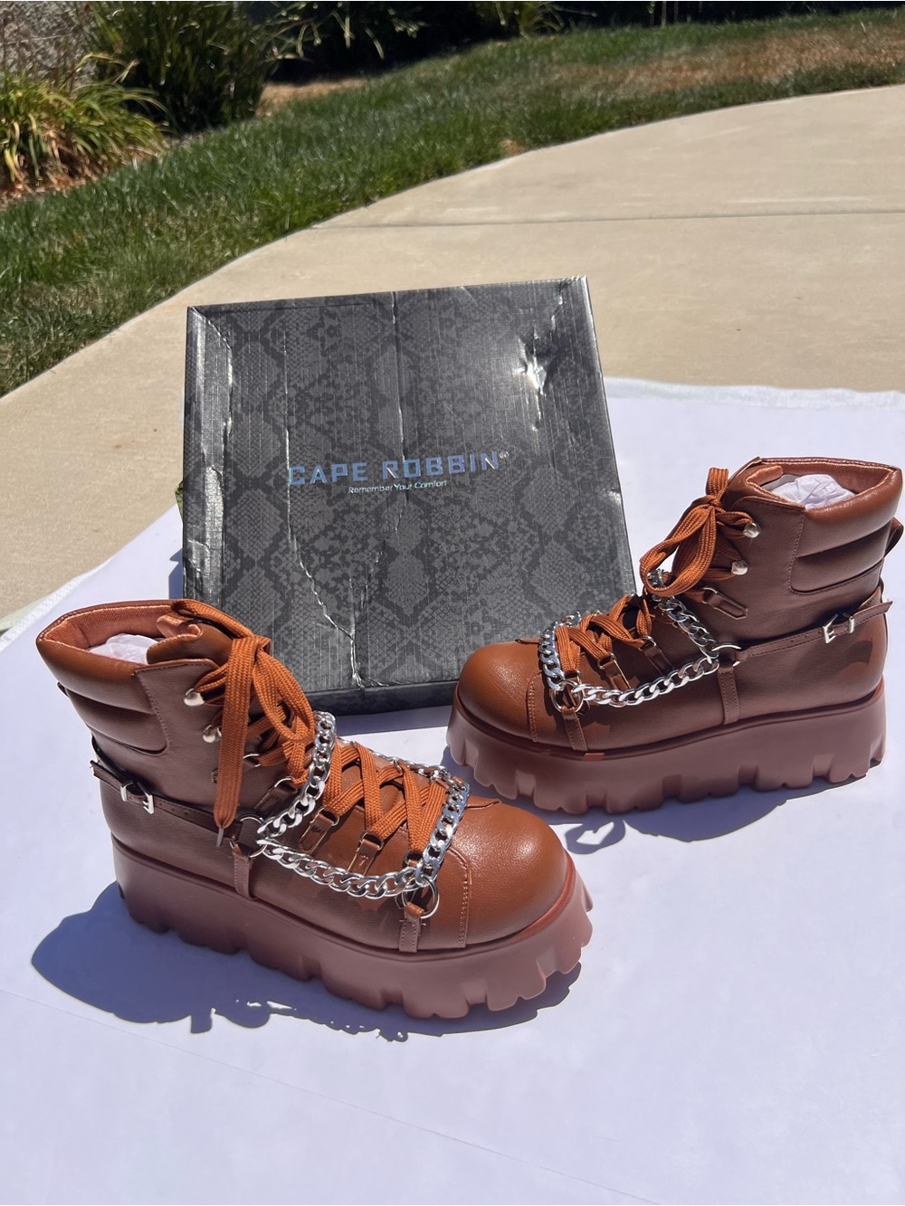 Chunky Platform Combat Boots w/Silver Chains in Chocolate Brown; Military Grunge
